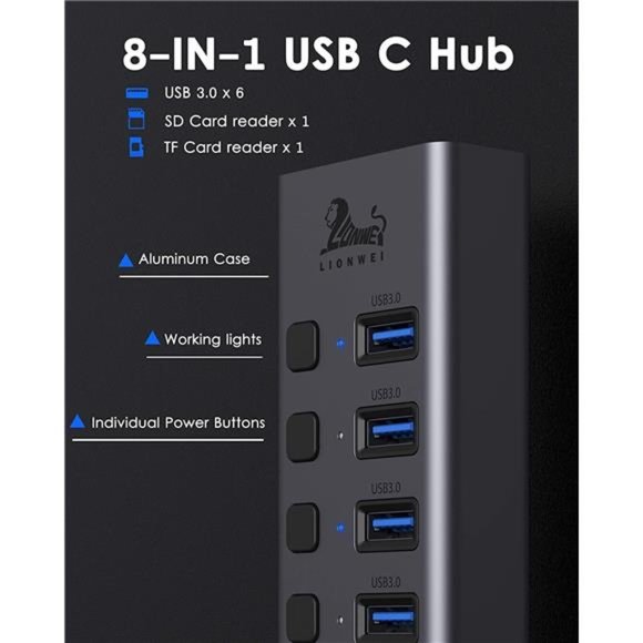 Universal 8-Port Powered USB 3.0/USB C Hub, Aluminum USB Splitter with 6 USB - Picture 2 of 6